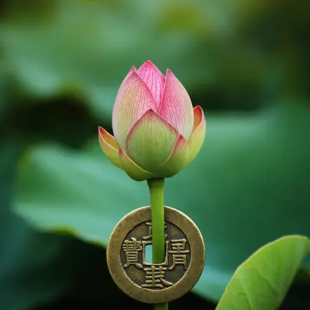 A jade coin sprouting a lotus — symbol of nurtured wealth, renewal, and spiritual prosperity
