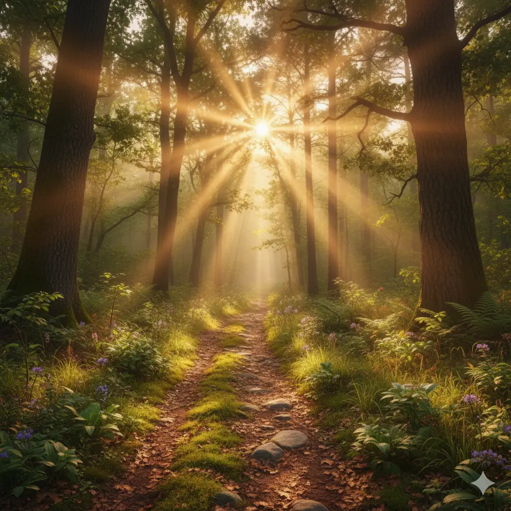 A path through a forest with sunlight streaming between trees, symbolizing guidance and clarity with Wisdom Cultivation System