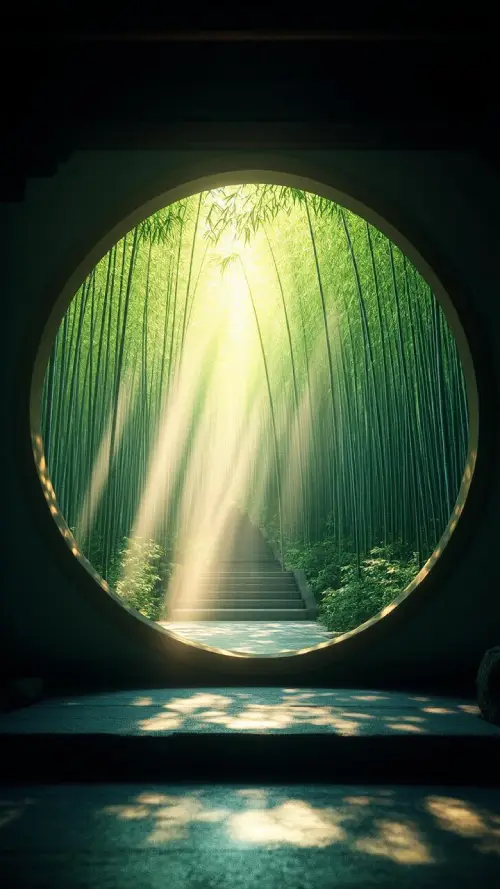 A soft beam of sunlight shining through a bamboo grove, symbolizing inner wisdom and subtle brilliance