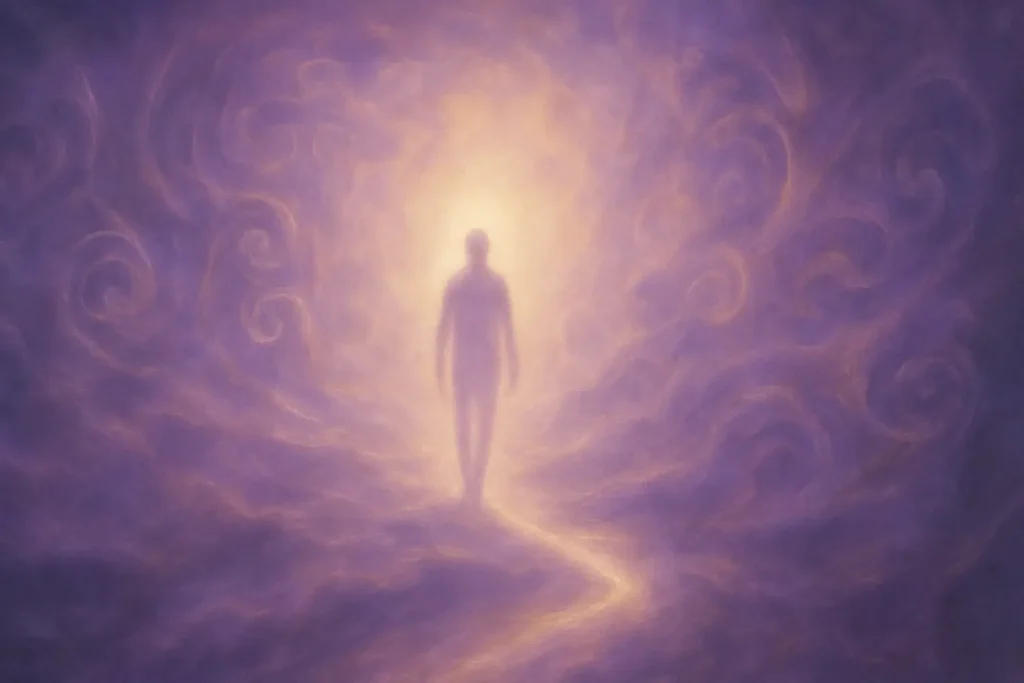 An ethereal silhouette of a human figure walking on a glowing path through swirling purple and gold mists, symbolizing a soul's journey through the bardo (intermediate state) after death