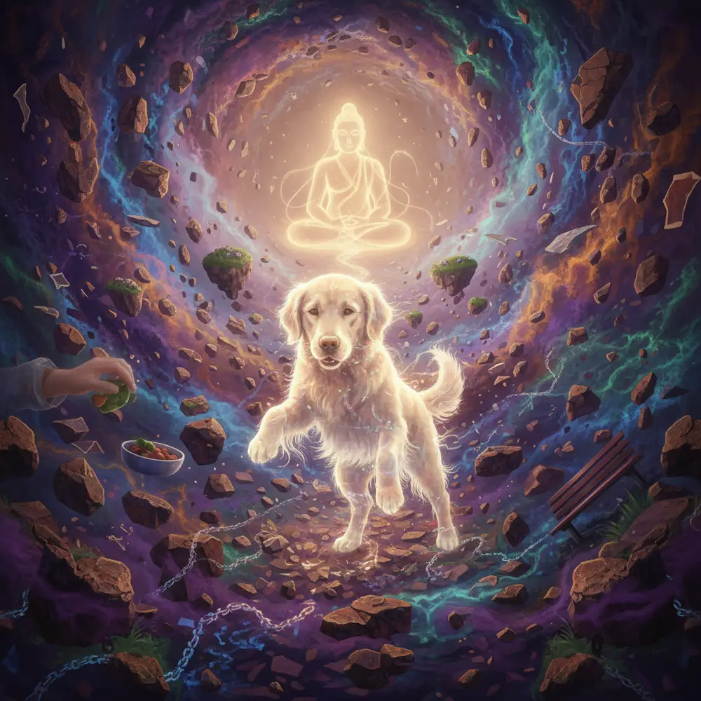 A golden retriever's ethereal form navigating a swirling, fragmented cosmic landscape, with floating rocks and faint chains symbolizing karmic imprints and illusions. A luminous, serene Buddha figure in the background offers a guiding light, representing the need for spiritual intervention for a peaceful transition
