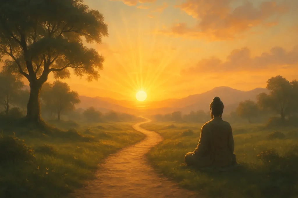 A serene landscape with a path leading towards a beautiful sunrise, symbolizing peace, hope, and new beginnings