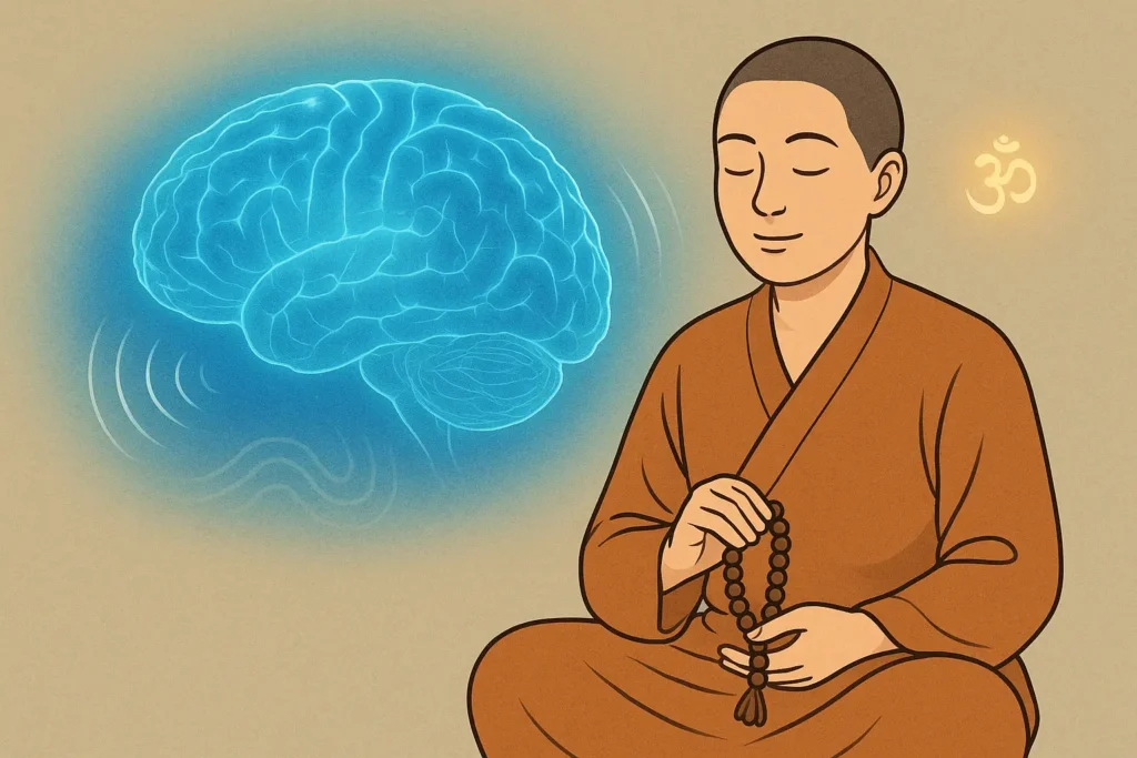 A Buddhist lay practitioner sitting calmly with mala beads, meditating beside a glowing blue brain symbolizing the positive effects of chanting and mindfulness on the mind