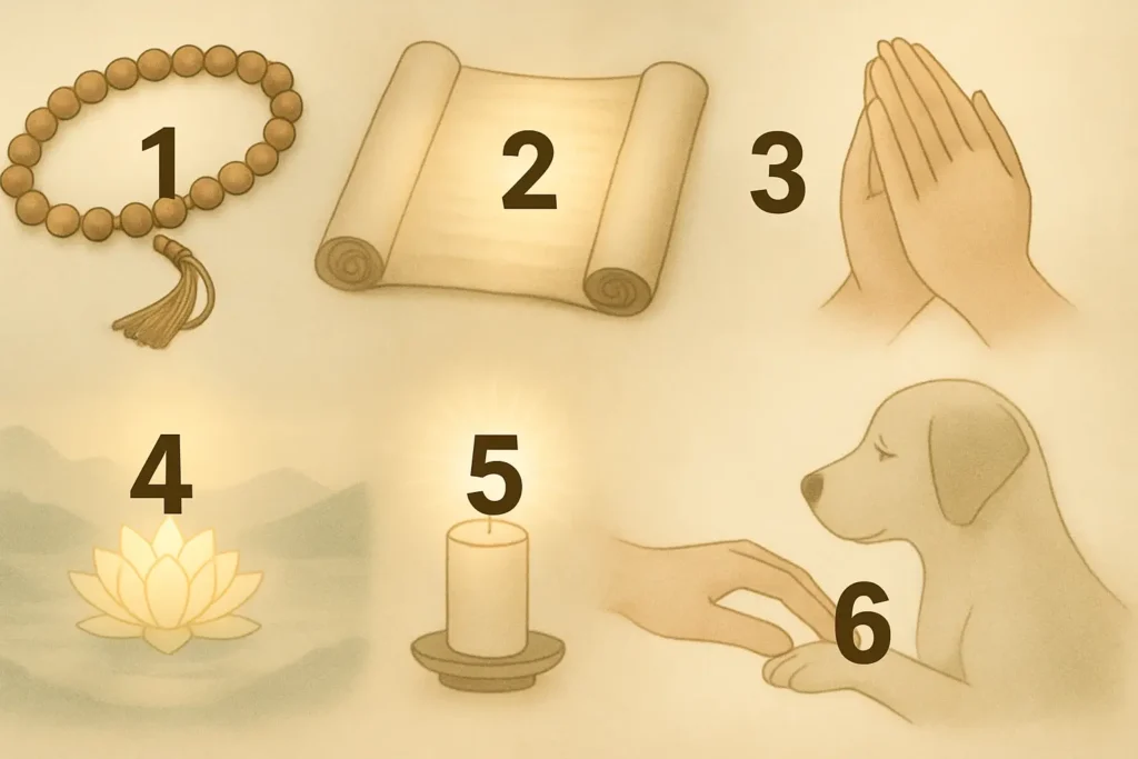 An image integrating six elements of Pure Land Buddhist practices: prayer beads for chanting, an open scroll for Dharma teaching, clasped hands for apology ceremonies, a serene landscape with a glowing lotus for visualization practices, a lit candle for merit dedication, and a human hand touching a pet's paw for owner participation.