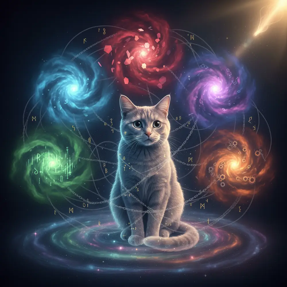 A serene cat sits amidst five swirling, distinct cosmic galaxies, each representing one of the Five Skandhas (form, sensation, perception, mental formations, consciousness). Faint chains connect these galaxies to the cat, symbolizing clinging and karmic imprints that bind the soul, with a distant light offering hope for liberation