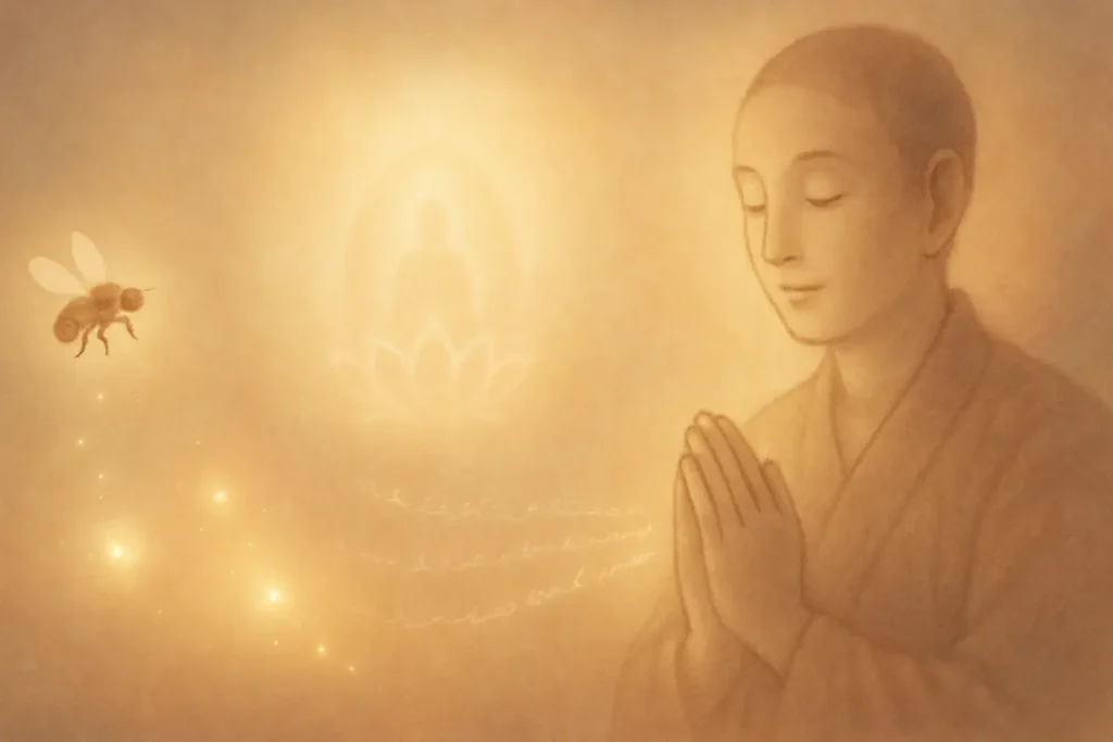 A dreamlike image depicting a fruit fly transforming into glowing specks of light, ascending towards a subtle, glowing Buddhist symbol (Buddha silhouette on a lotus). On the right, a serene figure, representing the founder, meditates with hands clasped, emitting faint lines of spiritual energy towards the ascending flies. The background is soft, ethereal, and warm, conveying peace and universal compassion.