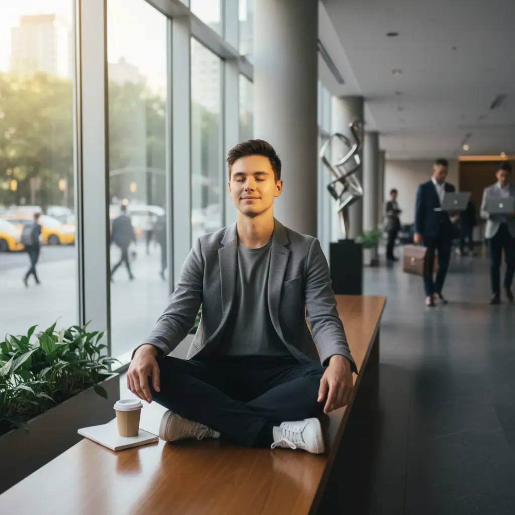 A young professional meditating briefly in a cross-legged position on a bench in a modern, busy office lobby, illustrating finding peace in short, fragmented moments.