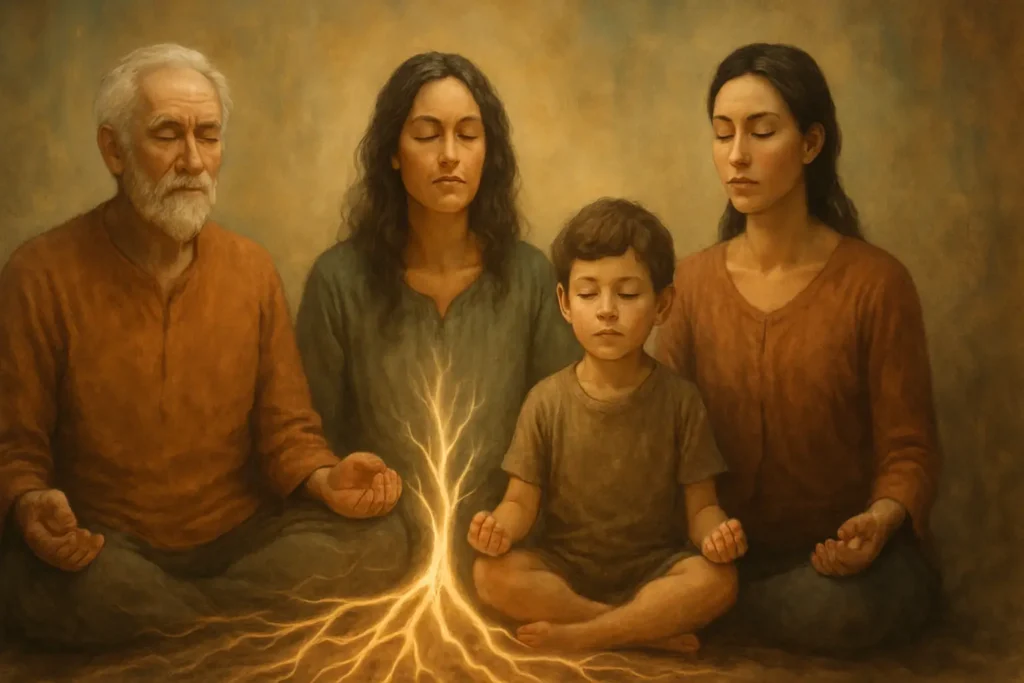 A serene image depicting interconnected generations, perhaps with a subtle glow or roots connecting them, symbolizing healing ancestral lines and family unity through spiritual practice