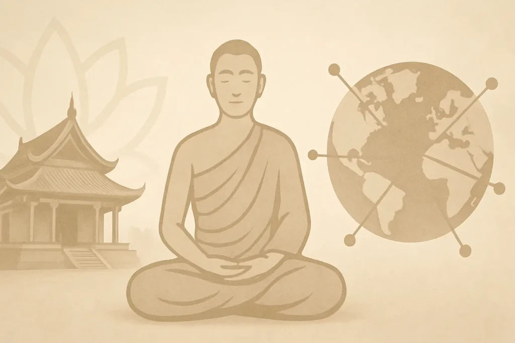 Image integrating ancient Buddhist temple and lotus for tradition, a serene lay Buddhist practitioner, and a stylized globe with radiating lines for remote accessibility. The image conveys deep historical roots, experienced guidance, and worldwide spiritual support.