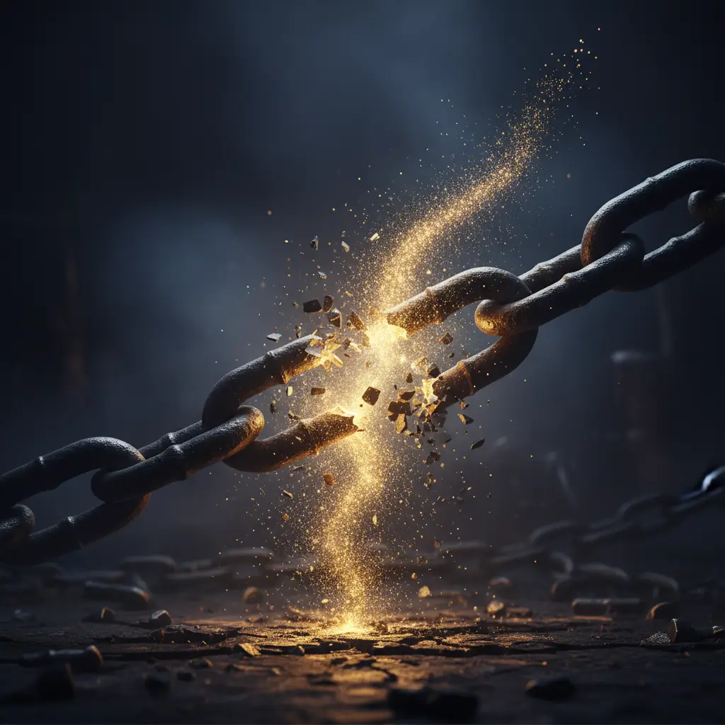 A heavy metal chain breaking apart into a stream of golden, sparkling dust, representing the clearing of karmic debt and conflict.