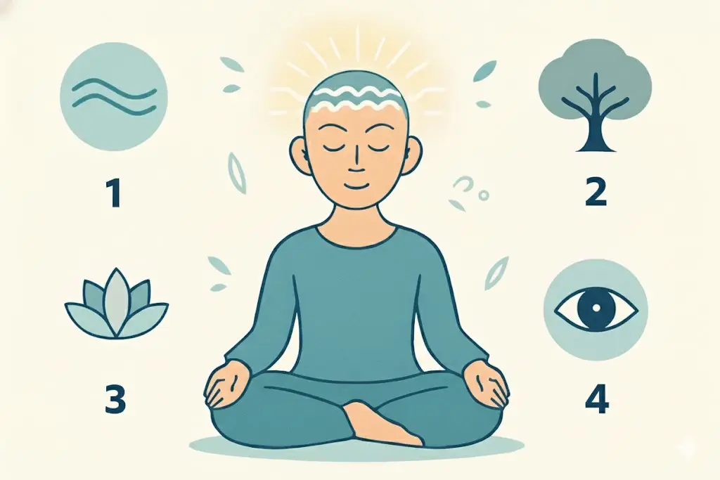 An infographic showing a central figure meditating, surrounded by four floating concepts marked with the numbers 1, 2, 3, and 4, which represent the benefits of mindfulness practice