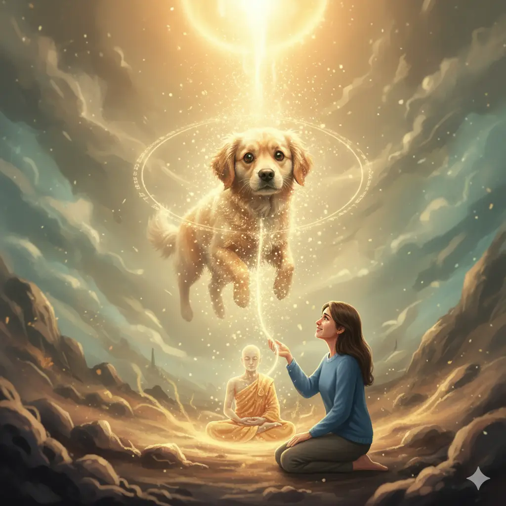 A glowing dog soul floating upwards, connected by a thread of light to a grieving owner kneeling below, next to a meditating monk, symbolizing the loving release of spiritual bonds
