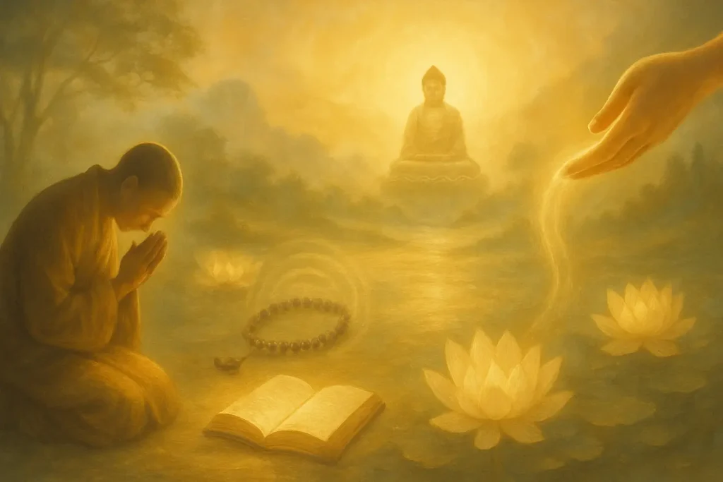 Visual summary of the Five Core Components of the Karmic Creditors Liberation Program: Sincere Apology, Dharma Teaching, Amitabha Chanting, Pure Land Visualization, and Dedication of Merit.