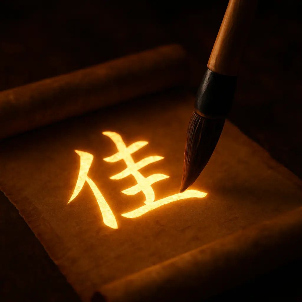 A calligraphy brush writing the glowing Chinese character '佳' (jiā) on parchment, symbolizing an auspicious and beautiful spiritual name.