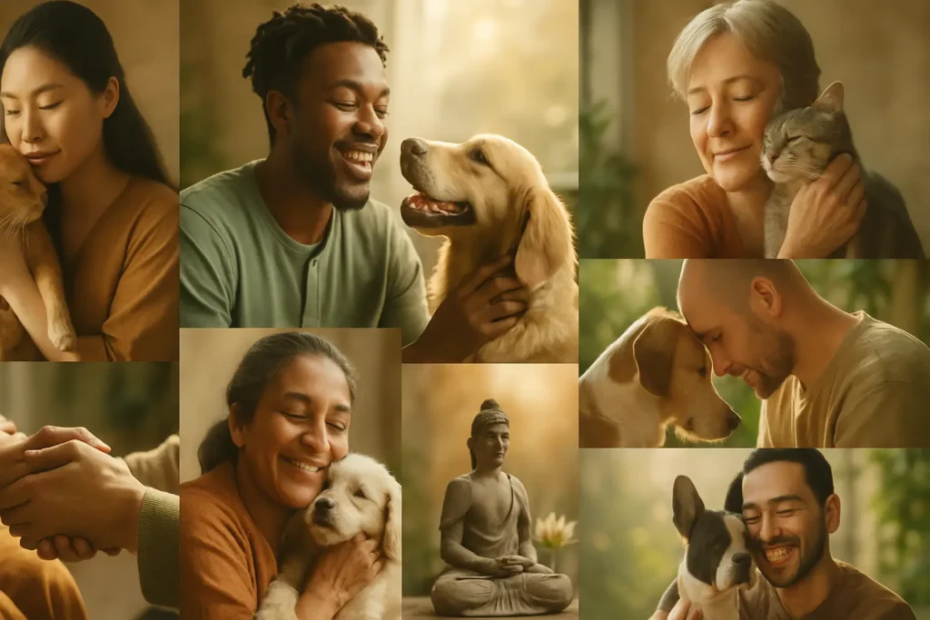 Collage of grateful pet owners and their pets, sharing positive experiences with Buddhist pet rituals